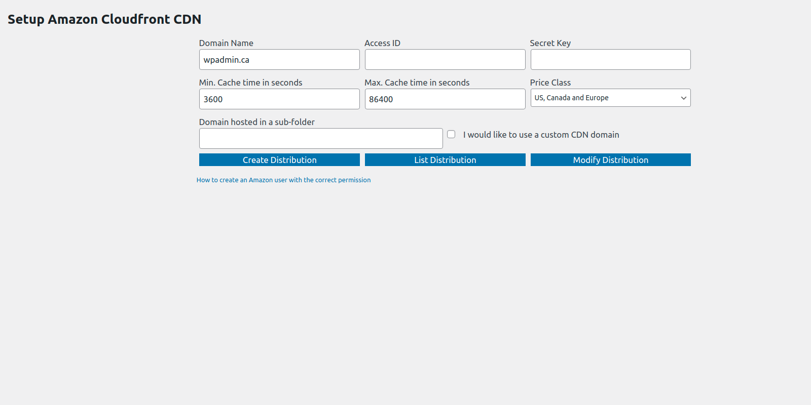 The AWS CDN Setup page