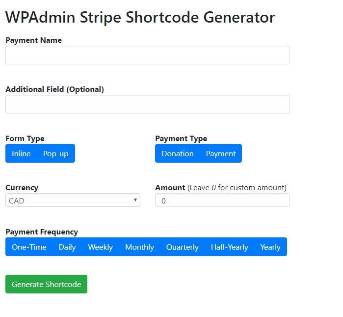 WPAdmin Stripe Payment Gateway WordPress Plugin
