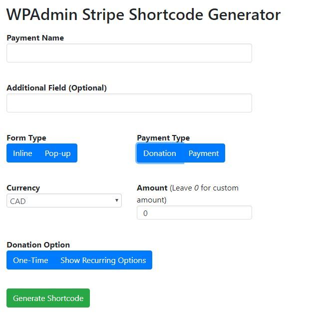 WPAdmin Stripe Payment Gateway WordPress Plugin